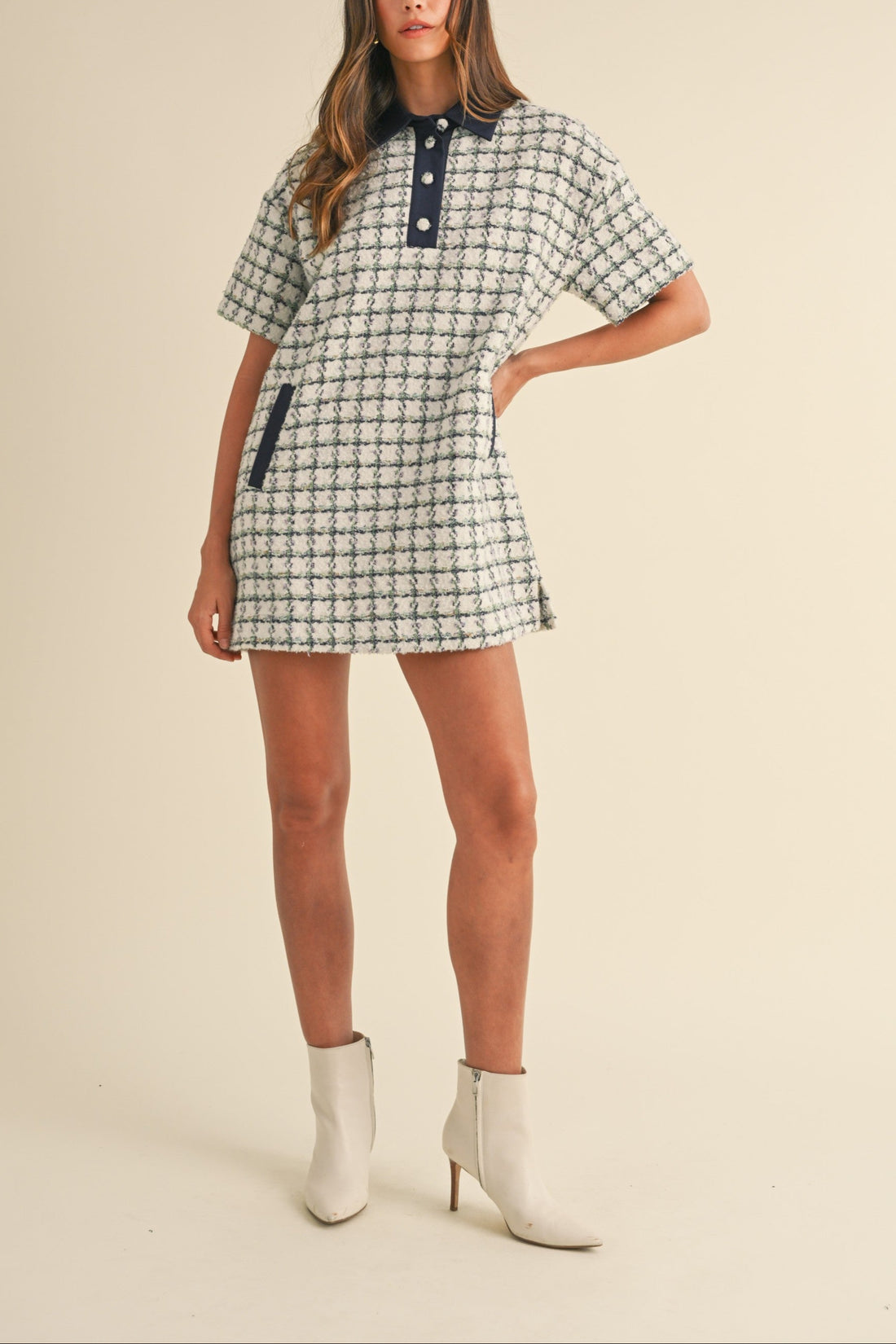Collared Plaid Tweed Mini Dress