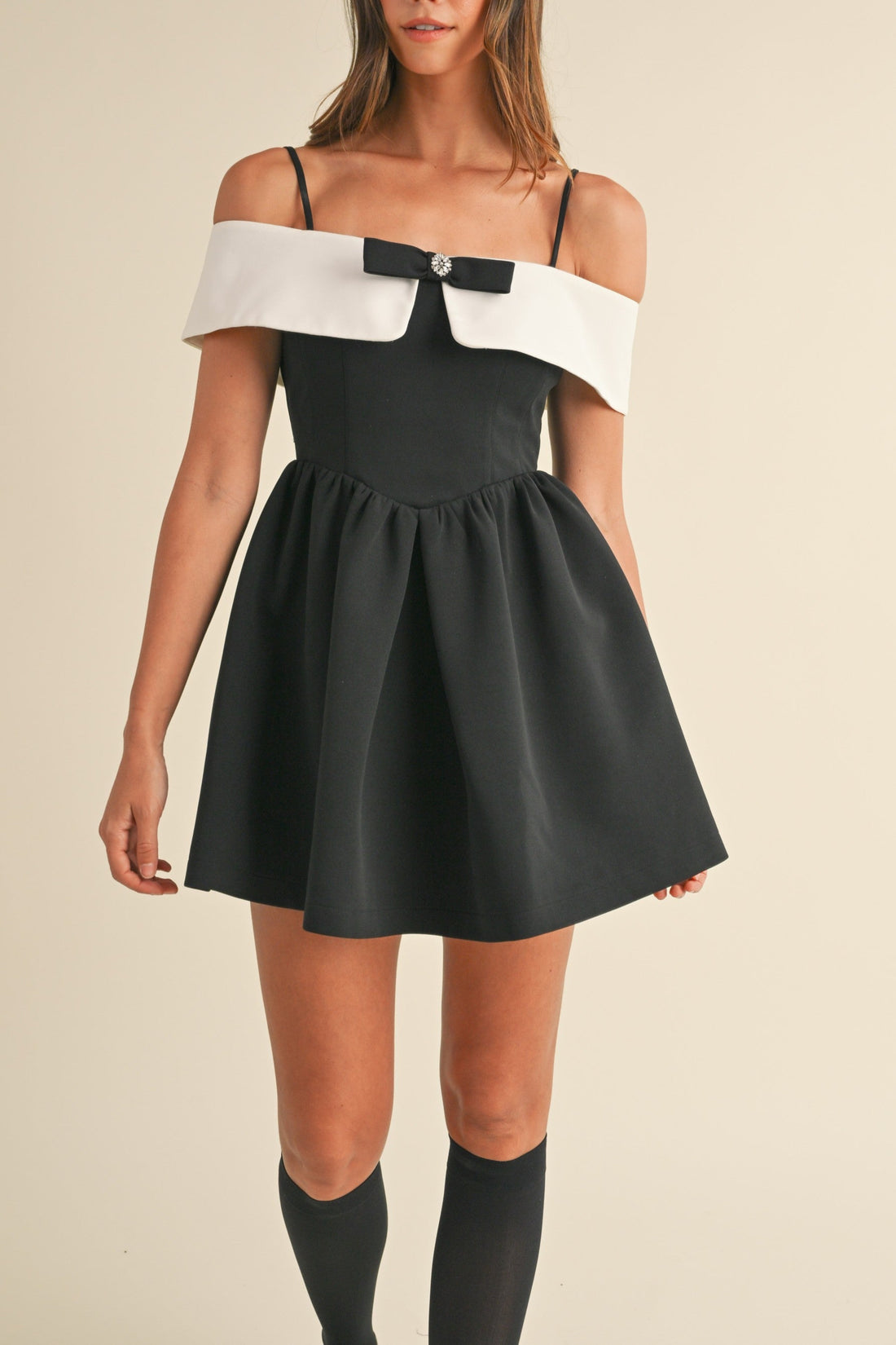 Bow Detail Off Shoulder Contrast Fit & Flare Dress