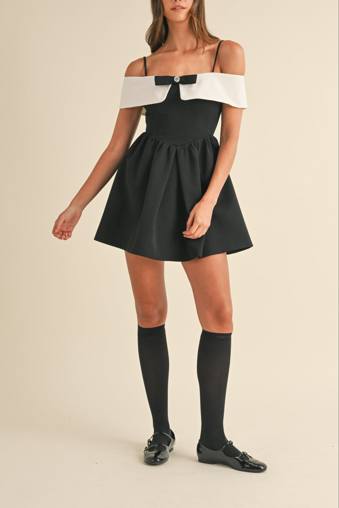 Bow Detail Off Shoulder Contrast Fit & Flare Dress