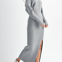 Off-Shoulder Ribbed Knit Sweater Dress with Side Slit