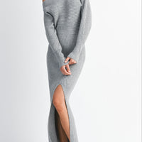 Off-Shoulder Ribbed Knit Sweater Dress with Side Slit