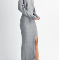 Off-Shoulder Ribbed Knit Sweater Dress with Side Slit