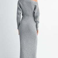 Off-Shoulder Ribbed Knit Sweater Dress with Side Slit