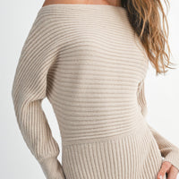 Off-Shoulder Ribbed Knit Sweater Dress with Side Slit