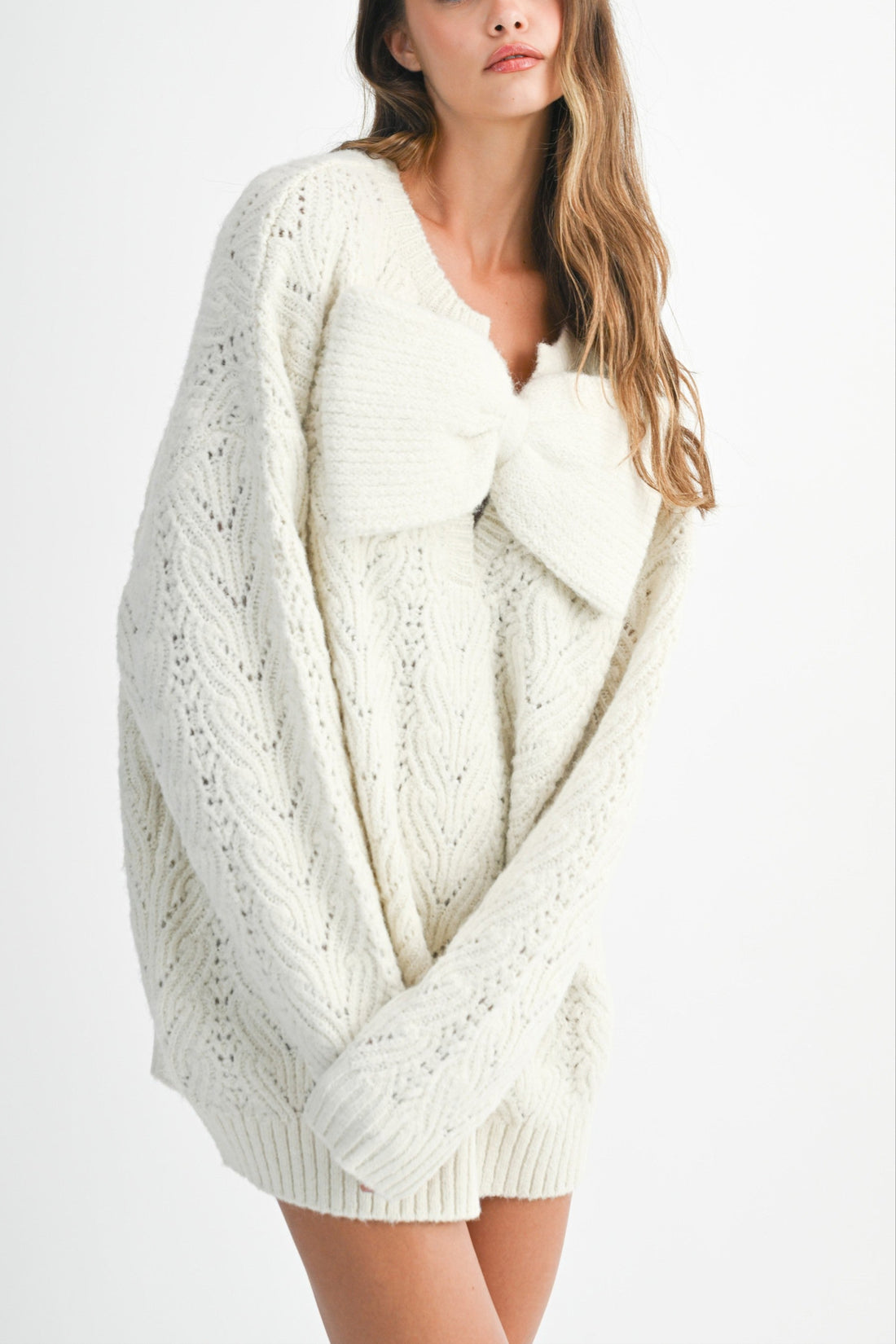 Bow Detail Cable Knit Oversized Sweater MIni Dress