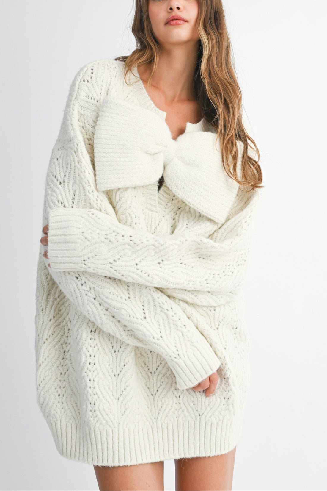 Bow Detail Cable Knit Oversized Sweater MIni Dress