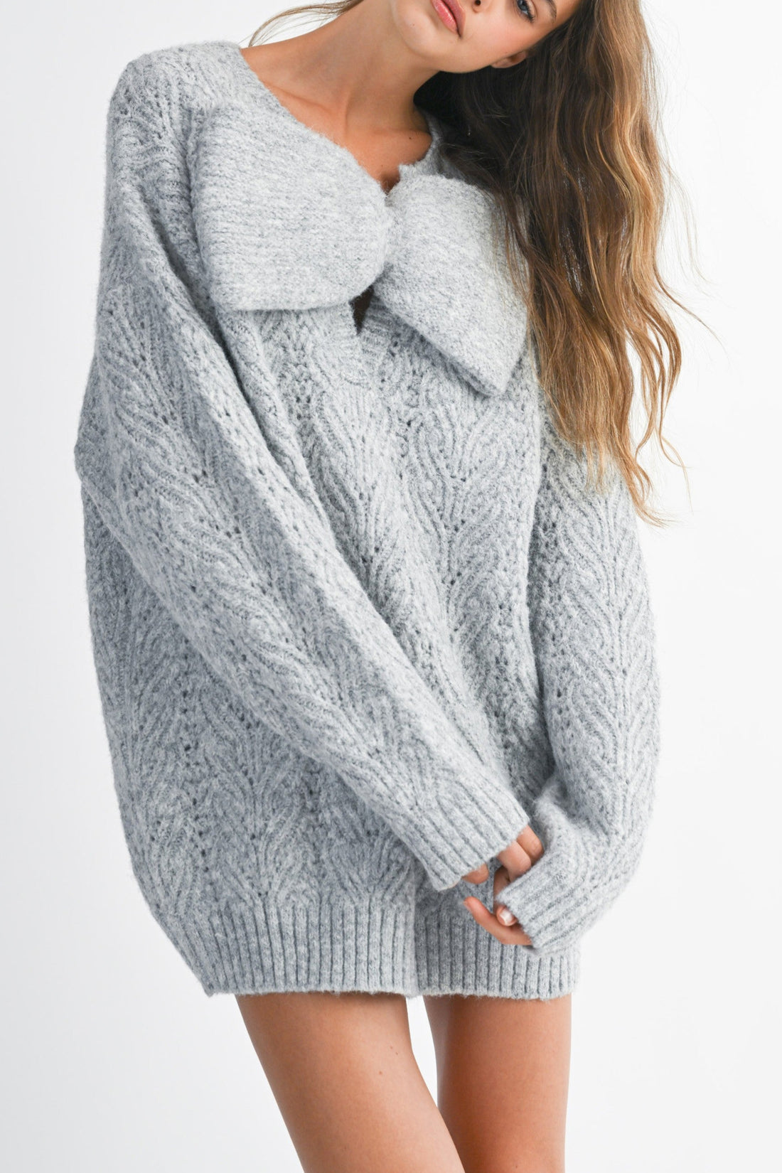 Bow Detail Cable Knit Oversized Sweater MIni Dress
