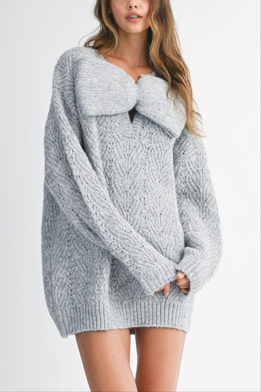 Bow Detail Cable Knit Oversized Sweater MIni Dress