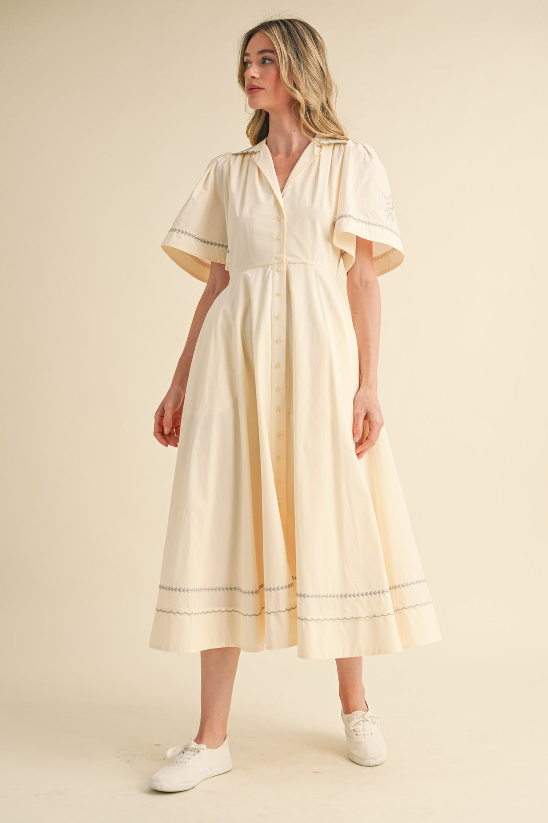 Embroidery Floral Button Down Maxi Dress