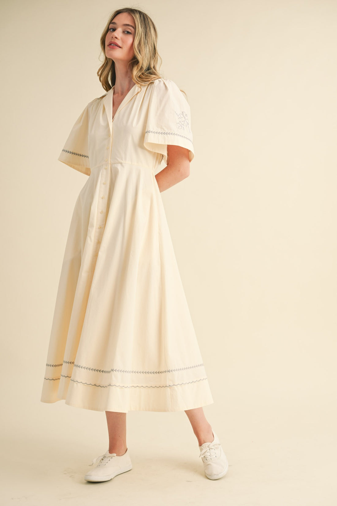 Embroidery Floral Button Down Maxi Dress