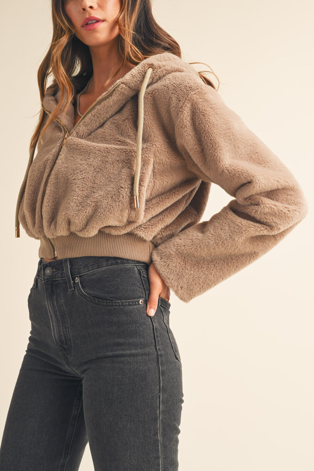 Faux Fur Hoodie Crop Jacket