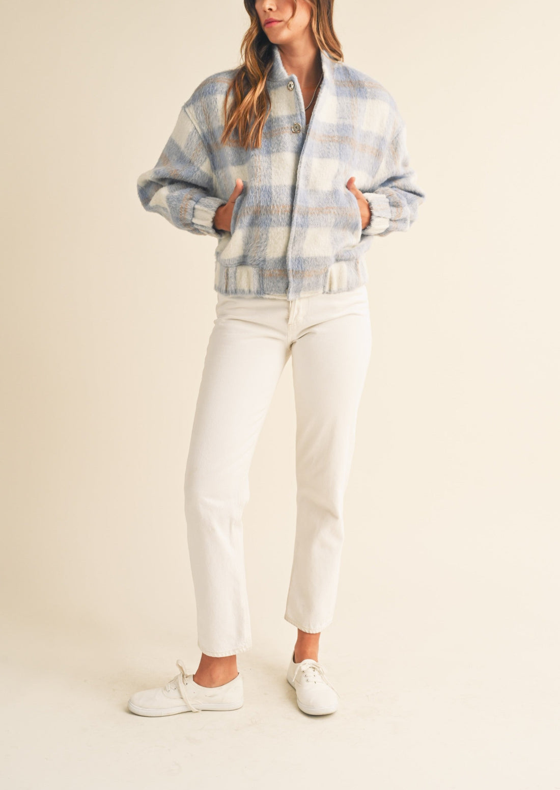 Fuzzy Plaid Bomber Jacket