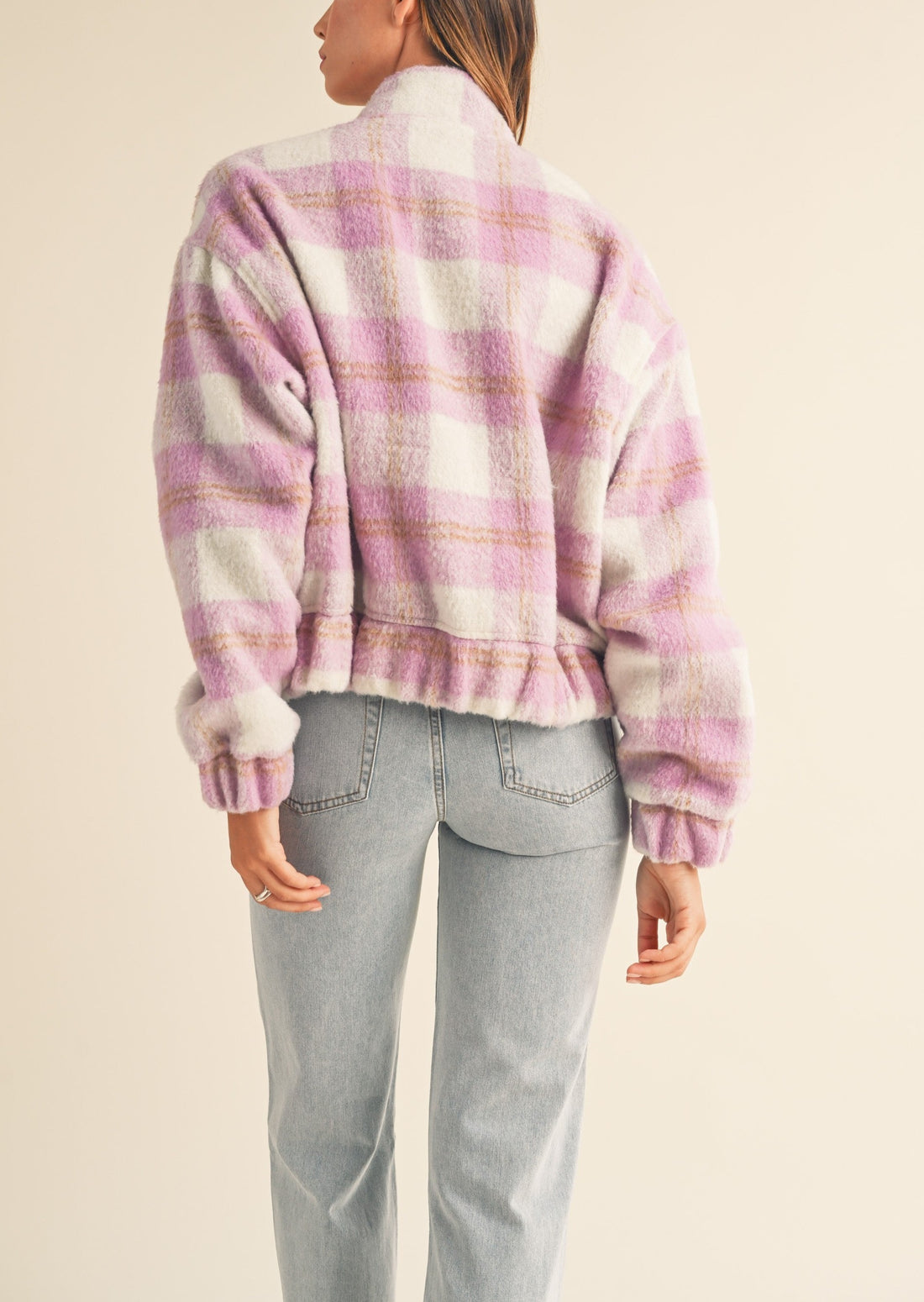 Fuzzy Plaid Bomber Jacket