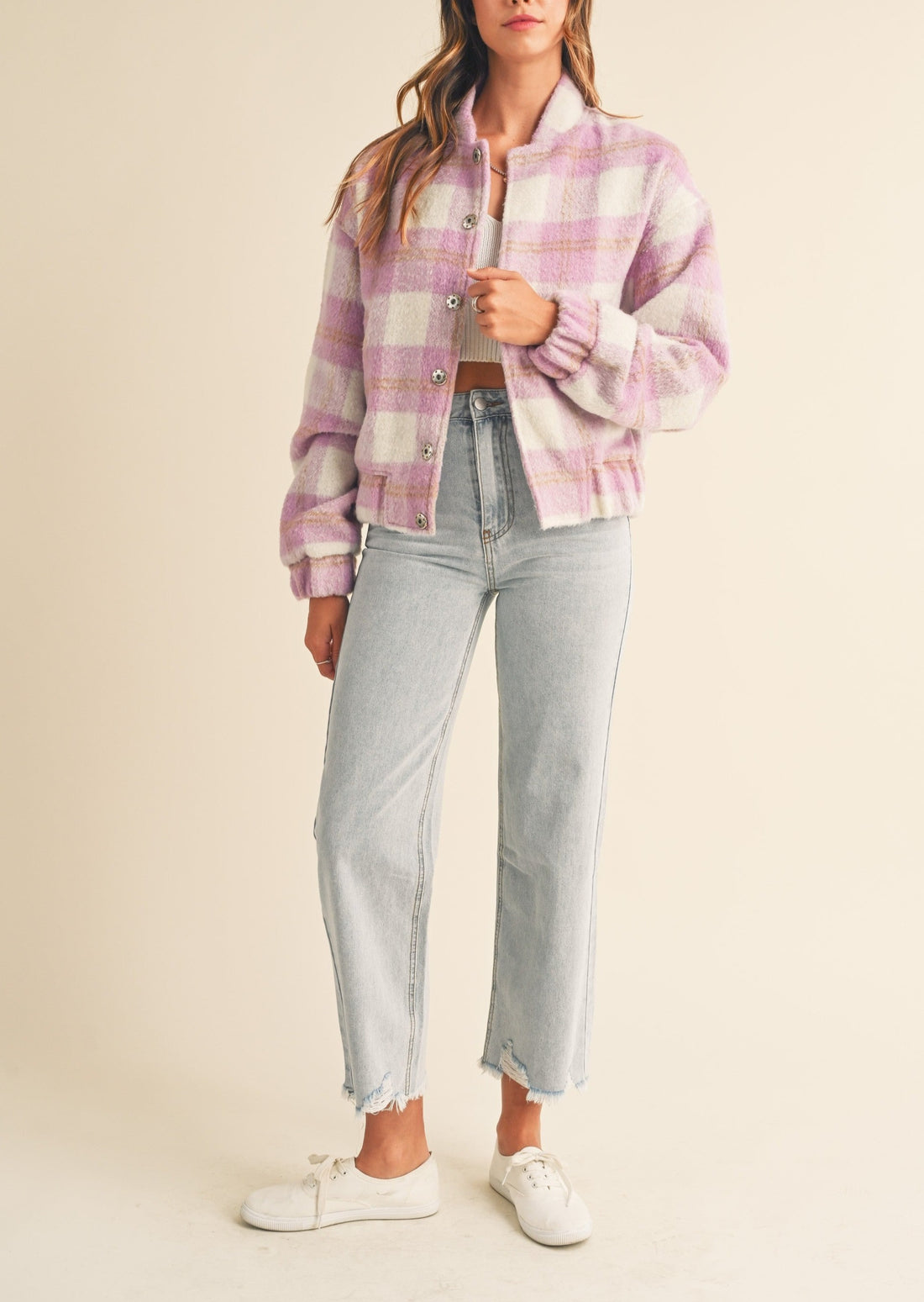 Fuzzy Plaid Bomber Jacket