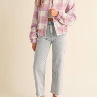 Fuzzy Plaid Bomber Jacket