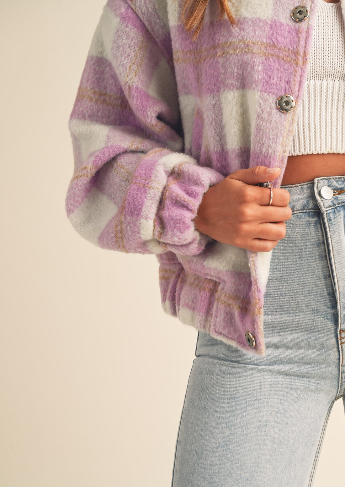 Fuzzy Plaid Bomber Jacket