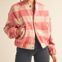 Fuzzy Plaid Bomber Jacket