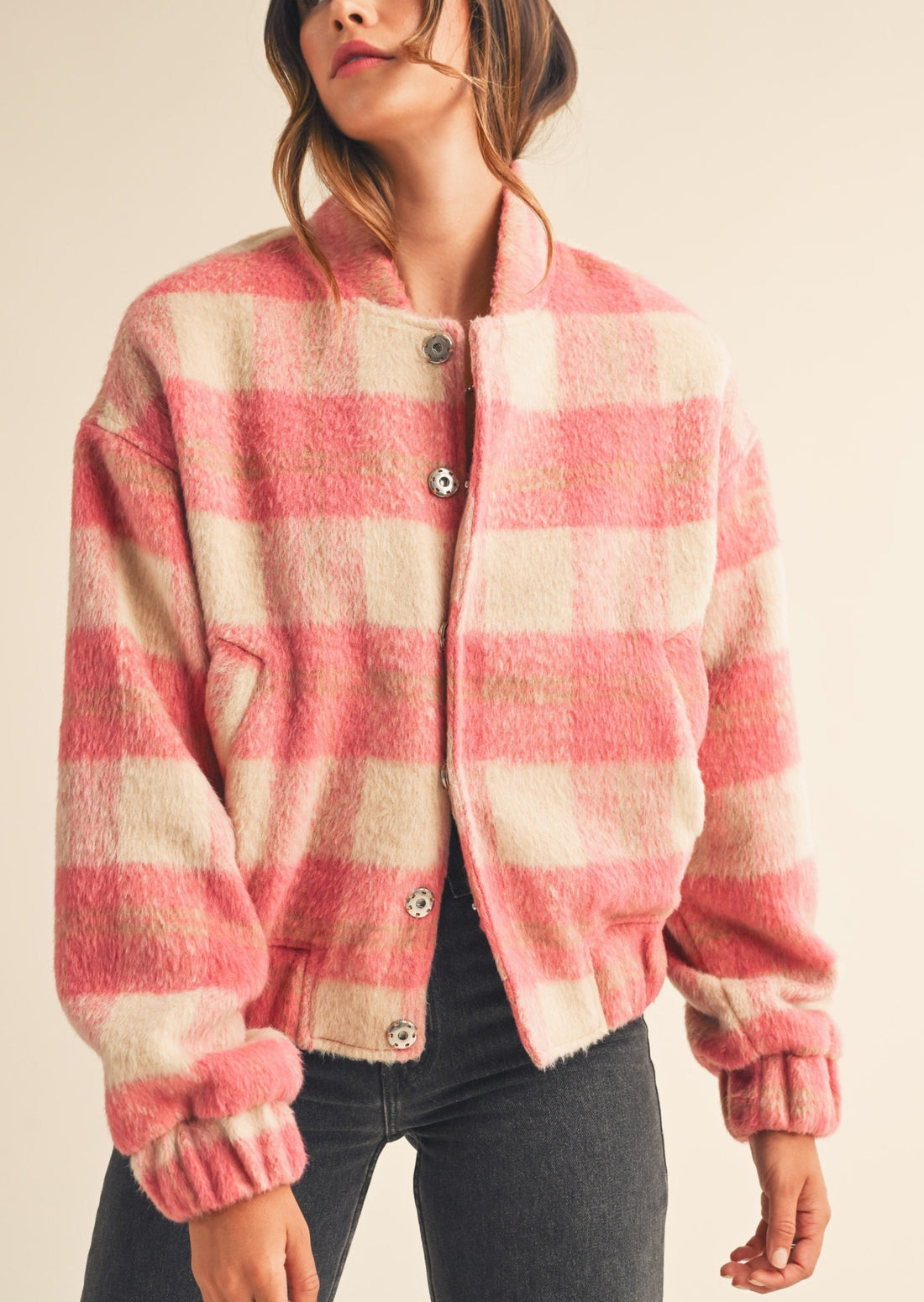 Fuzzy Plaid Bomber Jacket