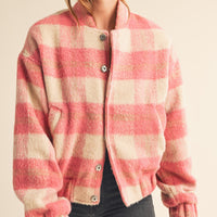 Fuzzy Plaid Bomber Jacket