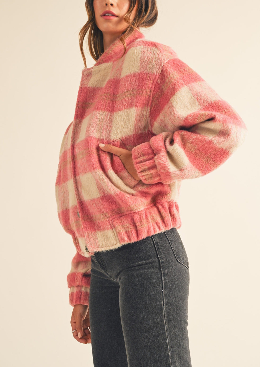 Fuzzy Plaid Bomber Jacket