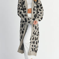 Leopard Print Long Knit Cardigan with Belt