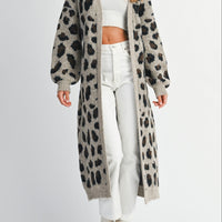 Leopard Print Long Knit Cardigan with Belt