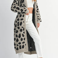 Leopard Print Long Knit Cardigan with Belt