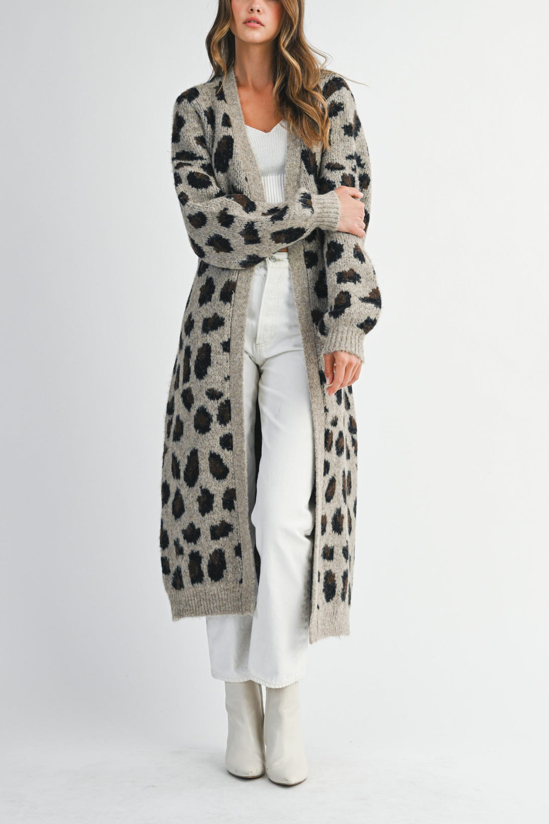 Leopard Print Long Knit Cardigan with Belt