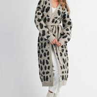 Leopard Print Long Knit Cardigan with Belt