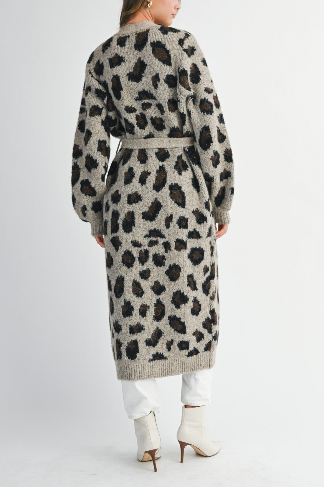 Leopard Print Long Knit Cardigan with Belt