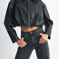 Faux Leather Pleated Bubble Hem Cropped Jacket