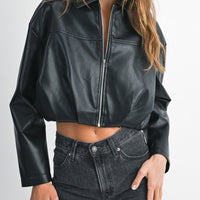Faux Leather Pleated Bubble Hem Cropped Jacket