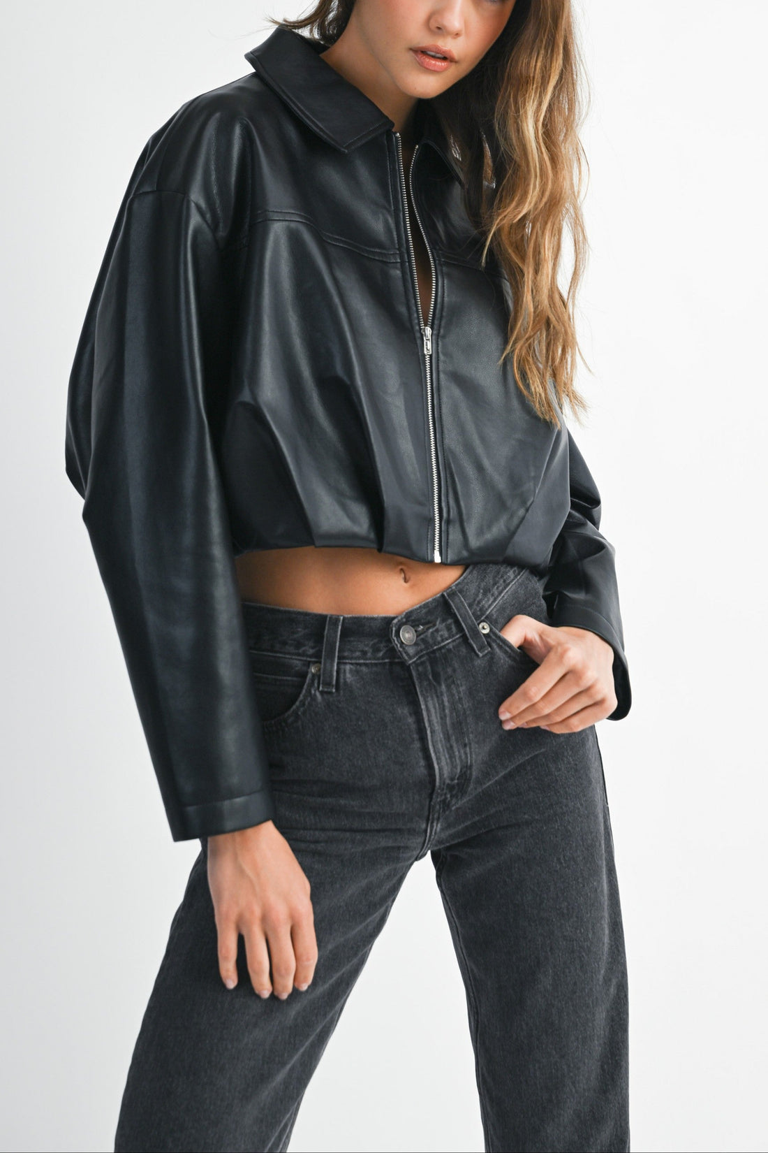 Faux Leather Pleated Bubble Hem Cropped Jacket