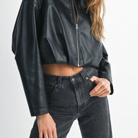 Faux Leather Pleated Bubble Hem Cropped Jacket