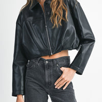 Faux Leather Pleated Bubble Hem Cropped Jacket