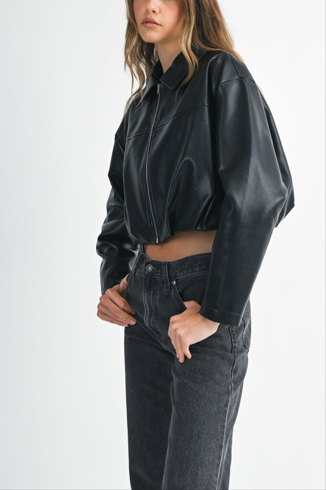 Faux Leather Pleated Bubble Hem Cropped Jacket
