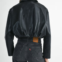 Faux Leather Pleated Bubble Hem Cropped Jacket