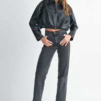 Faux Leather Pleated Bubble Hem Cropped Jacket