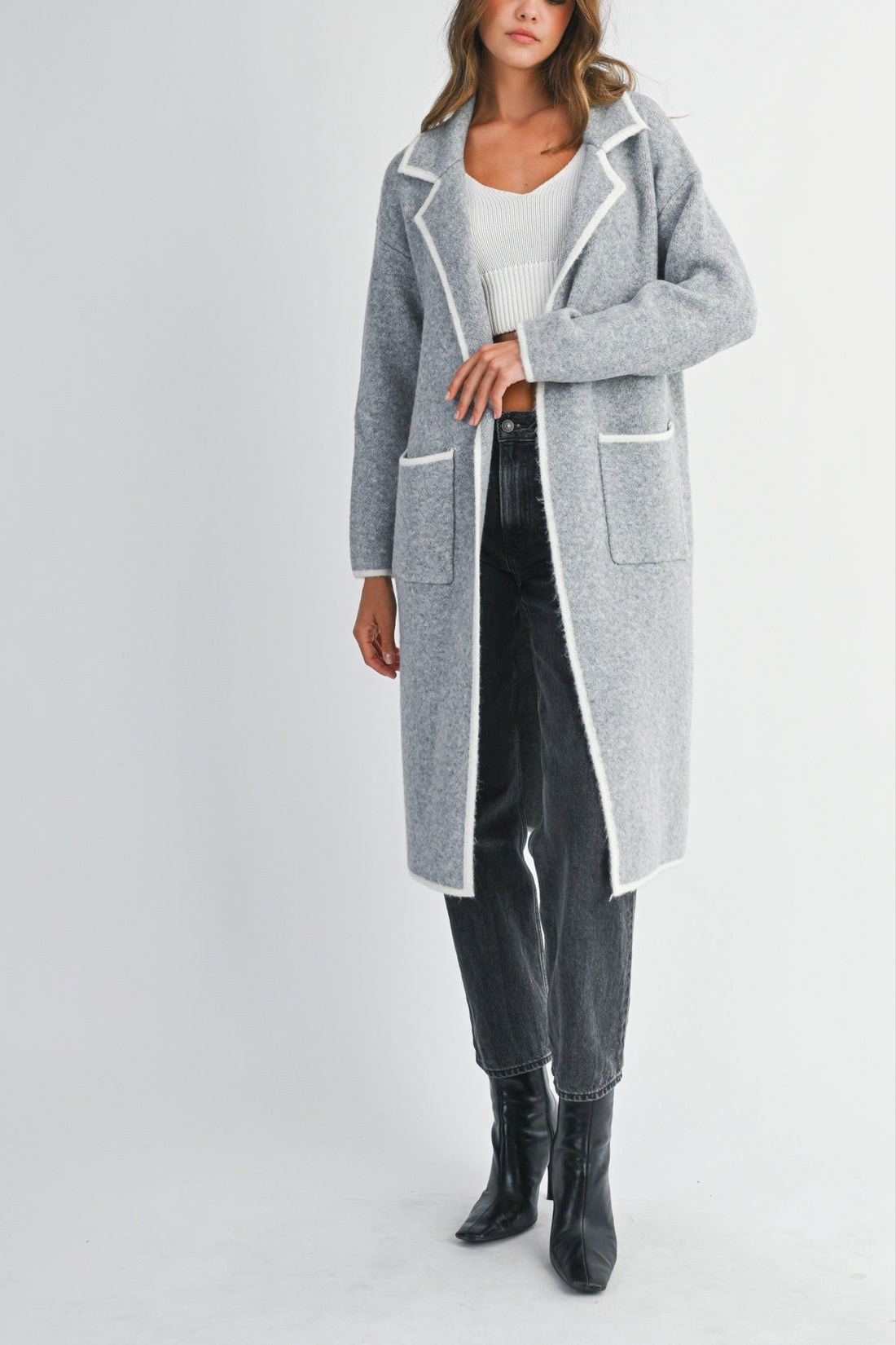 Contrast Trim Knit Lapel Open Cardigan