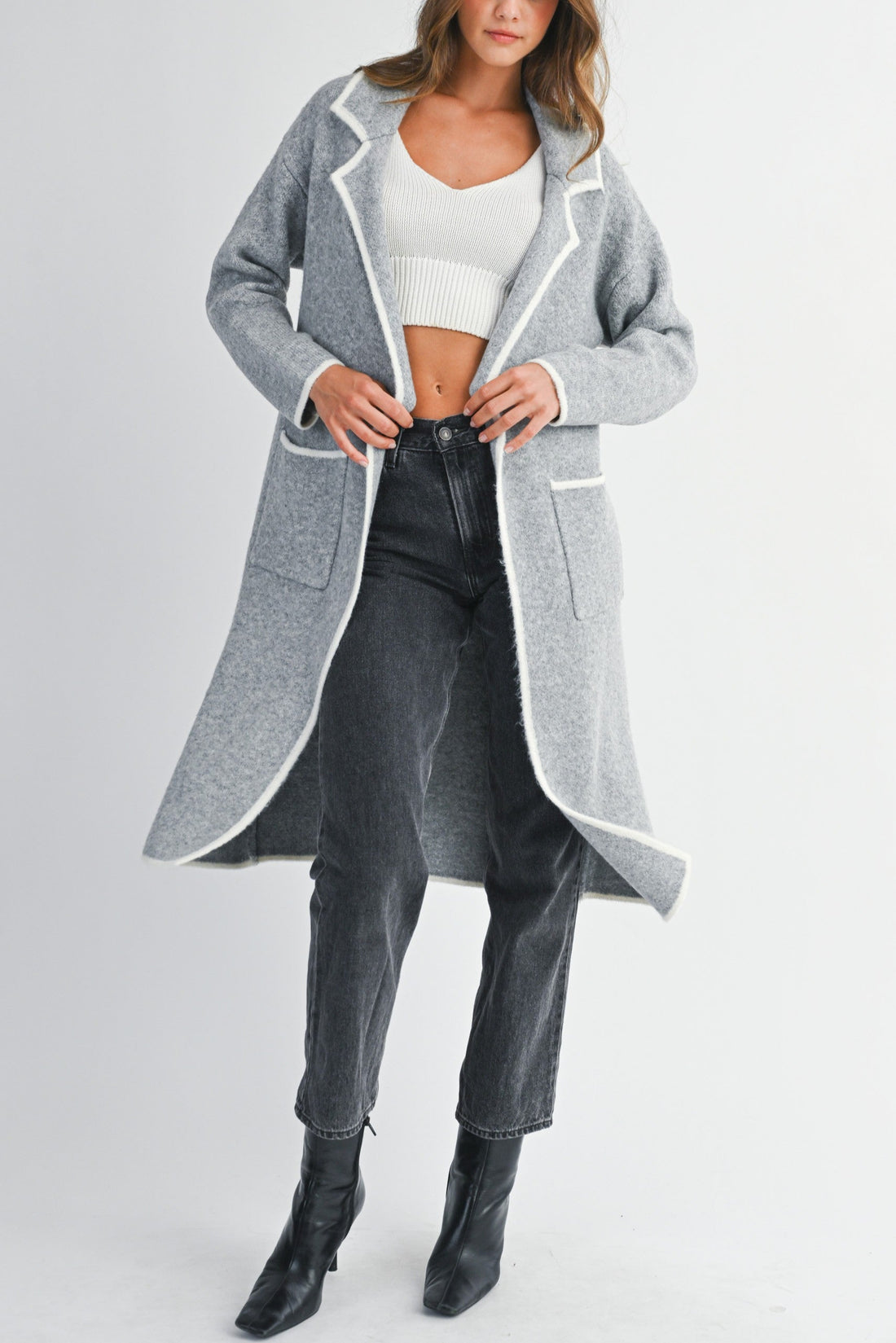 Contrast Trim Knit Lapel Open Cardigan
