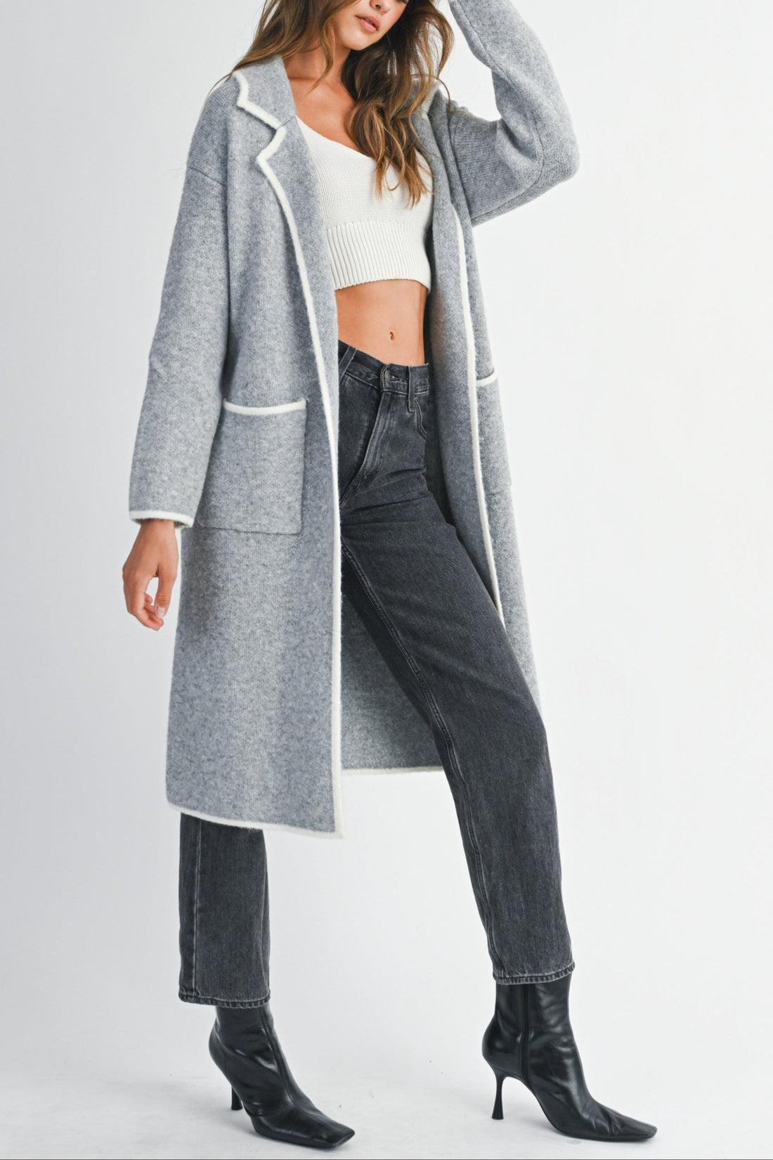 Contrast Trim Knit Lapel Open Cardigan