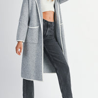 Contrast Trim Knit Lapel Open Cardigan