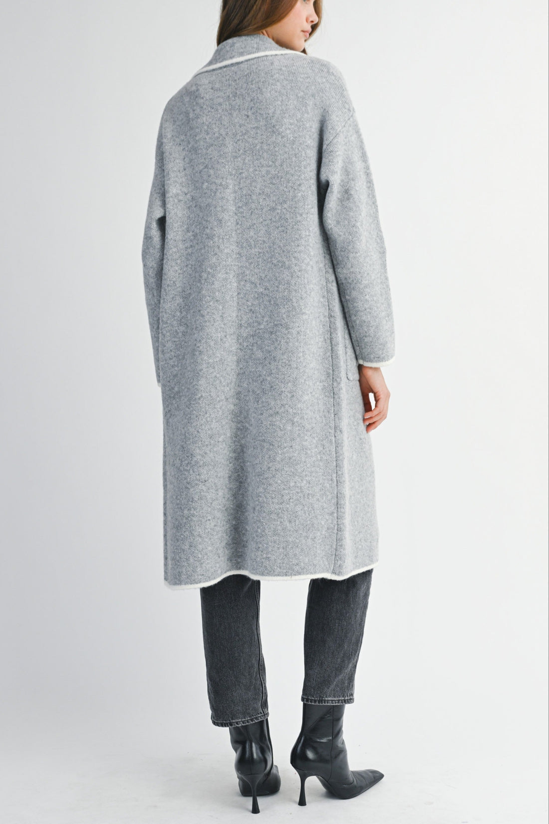 Contrast Trim Knit Lapel Open Cardigan