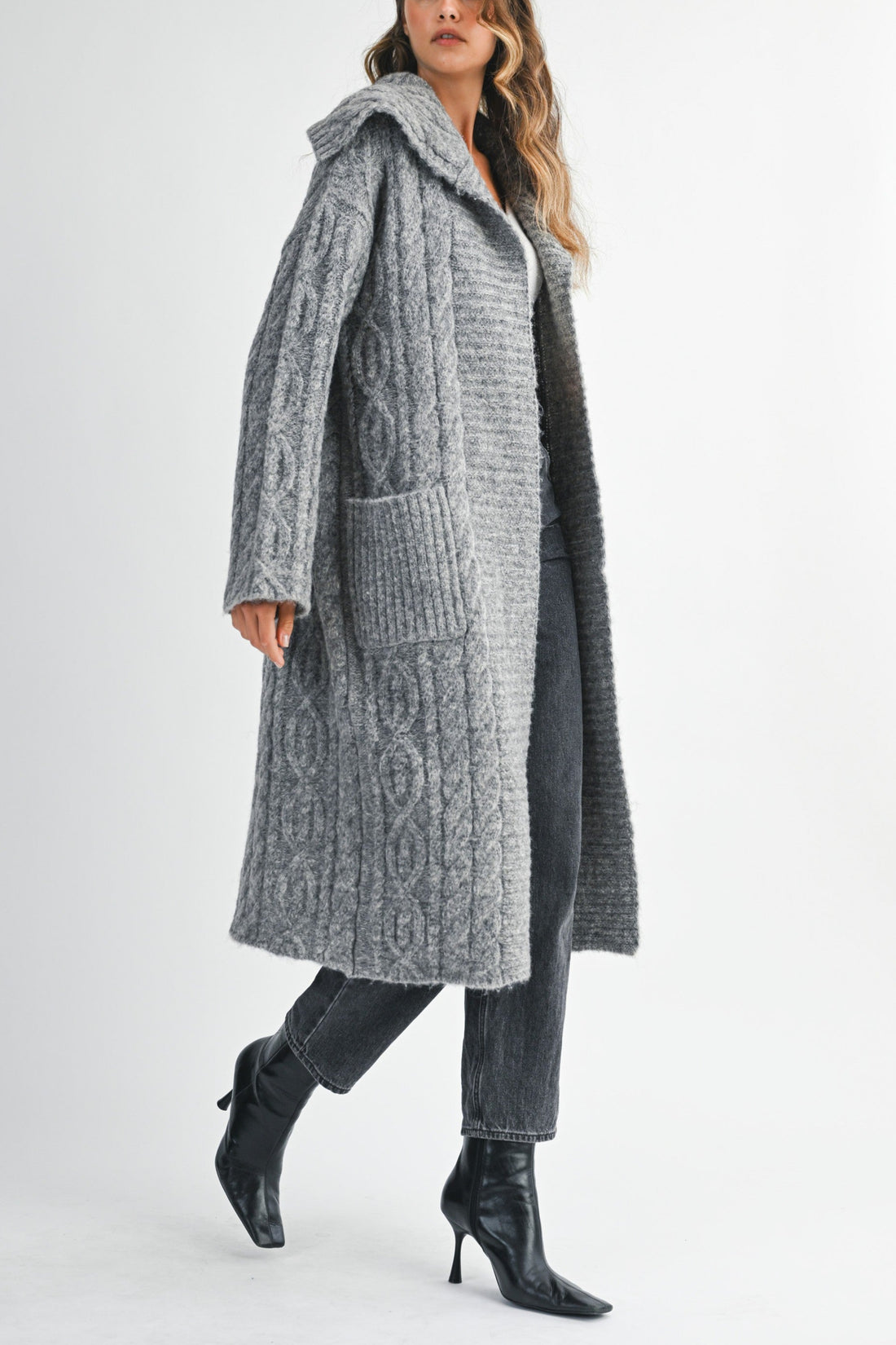 Cozy Cable Knit Longline Cardigan Coat with Hood