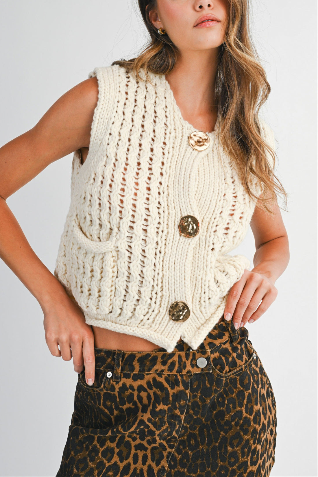 Chunky Knit Button-Up Vest with Gold Button