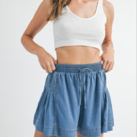 Side Pleated Flare Denim Shorts