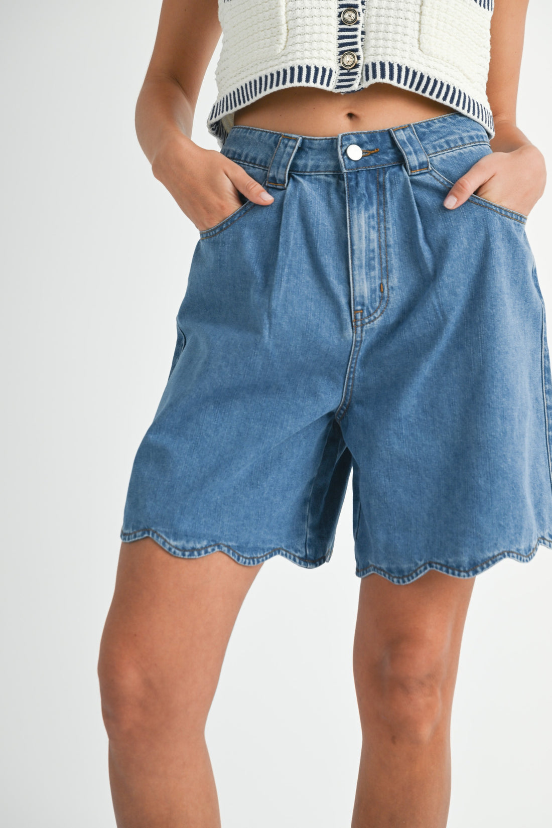 Scallop Hem Denim Bermuda Shorts