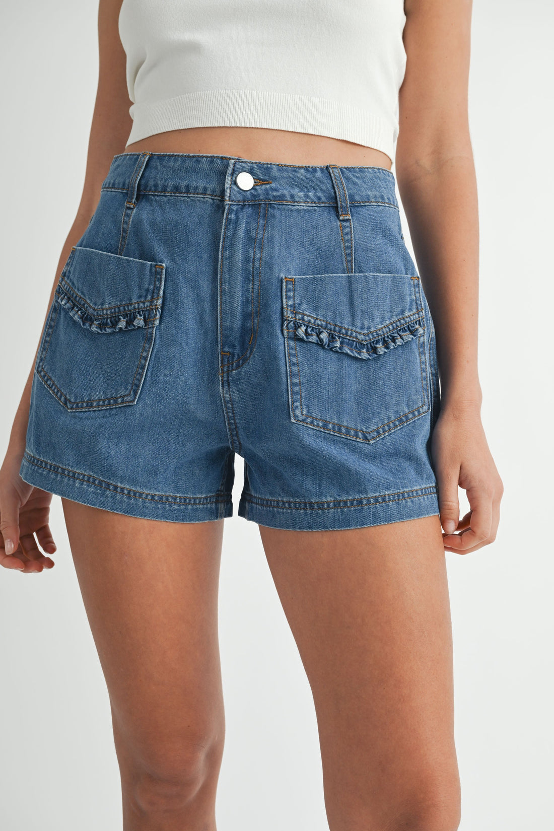 Cute Ruffle Front Pocket Denim Shorts