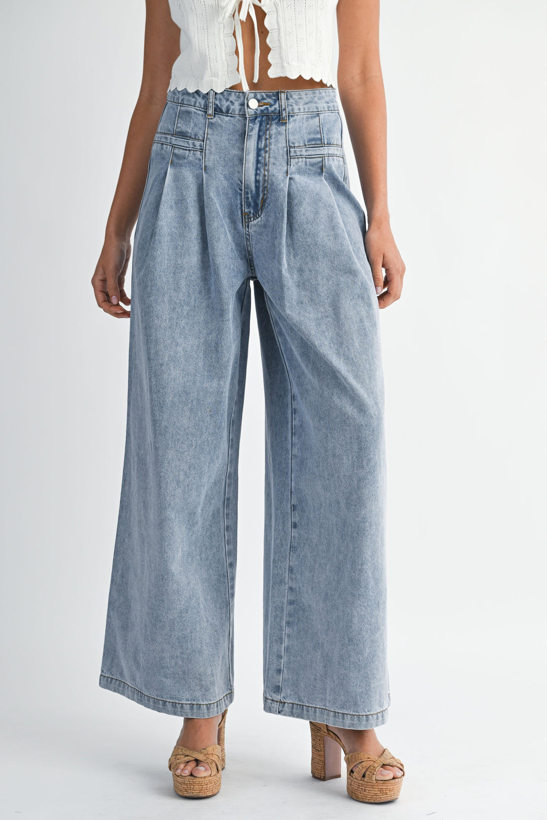 High-Waisted Pleated Wide-Leg Jeans