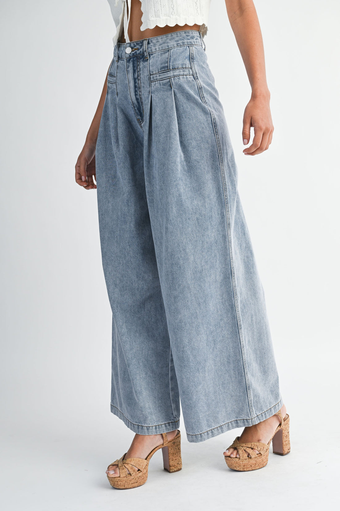 High-Waisted Pleated Wide-Leg Jeans
